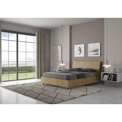 Lit Coffre 140x190 Tête De Lit Inclinée Effet Bois Chêne Nature