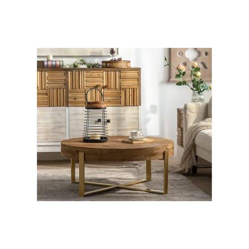 Table Basse Ronde En Bois Recyclé Avec Structure Dorée