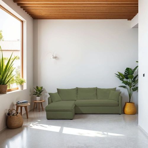 Canapé D'angle Convertible Express 5 Places En Tissu Bouclette Vert