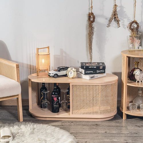 Table Basse Avec Rangement En Frêne Et Rotin Naturel