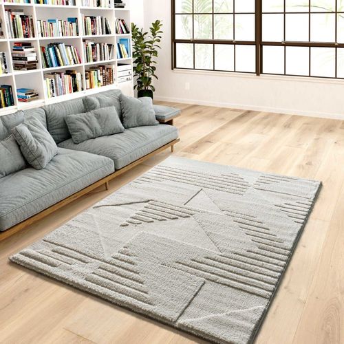 Tapis Géométrique Shaggy À Relief Blanc, 120x170 Cm