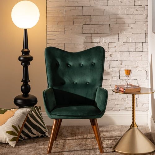 Fauteuil Scandinave Velours Vert Pieds En Bois