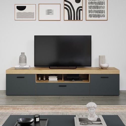 Grand Meuble Tv 2 Portes, 1 Abattant Et 1 Niche L230 Cm - Gris
