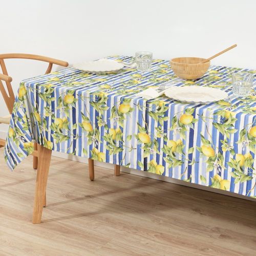Nappe Enduite Anti-Taches En 100% Coton Bleu 200x155 Cm