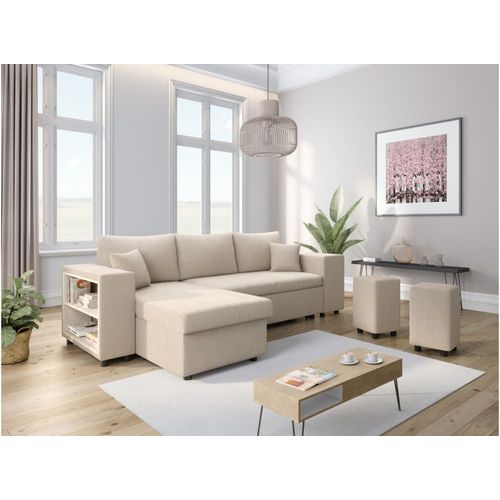 Canapé Convertible 2 Poufs Droit Et Étagère En Velours Côtelé - Beige