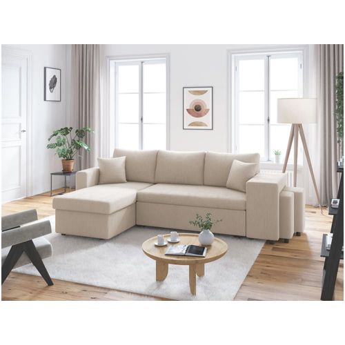 Canapé Convertible Avec 2 Poufs Droit En Velours Côtelé - Beige