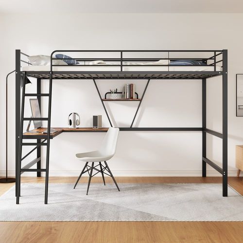 Lit Mezzanine Métallique Noir Avec Bureau En L Et Étagère 90x200cm