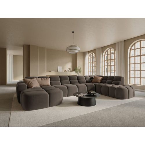 Canapé D'angle Droit Panoramique 7 Places Tissu Velours Marron Clair