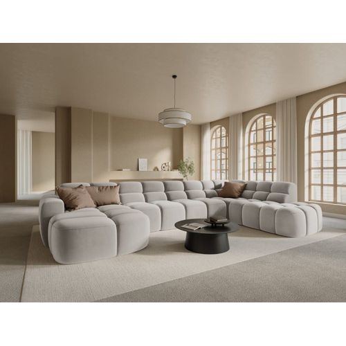 Canapé D'angle Droit Panoramique 7 Places En Tissu Velours Beige Clair