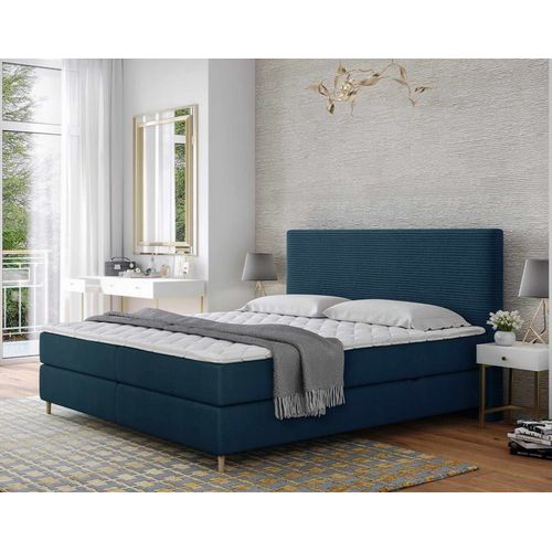 Lit Boxspring En Velours Côtelé 160x200 Cm Bleu