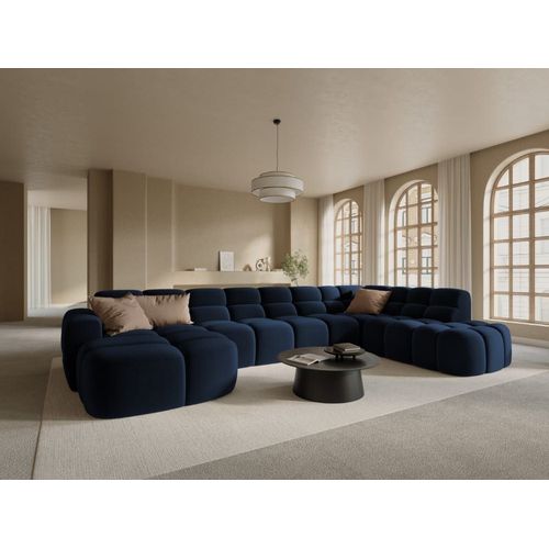 Canapé D'angle Droit Panoramique 7 Places En Tissu Velours Bleu Roi