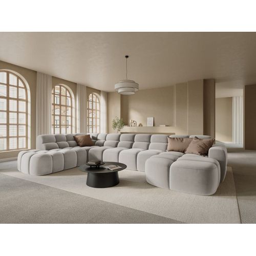 Canapé D'angle Gauche Panoramique 7 Places Tissu Velours Beige Clair