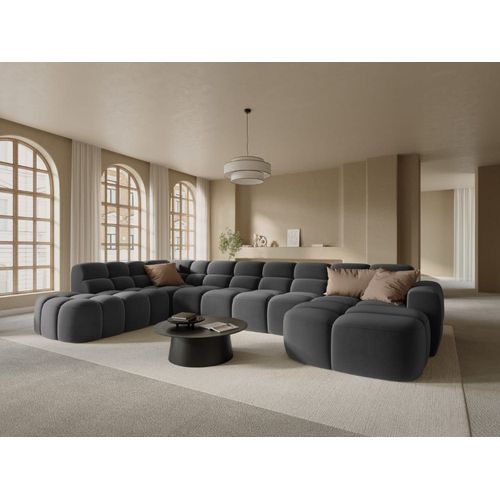 Canapé D'angle Gauche Panoramique 7 Places En Tissu Velours Gris Foncé