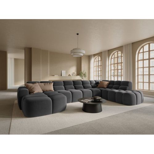 Canapé D'angle Droit Panoramique 7 Places En Tissu Velours Gris Foncé