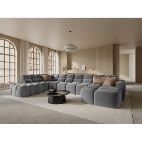 Canapé D'angle Gauche Panoramique 7 Places En Tissu Velours Gris Clair