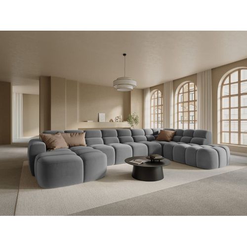 Canapé D'angle Droit Panoramique 7 Places En Tissu Velours Gris Clair