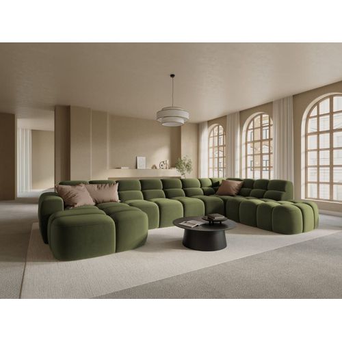 Canapé D'angle Droit Panoramique 7 Places En Tissu Velours Vert Clair
