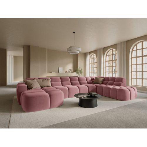 Canapé D'angle Droit Panoramique 7 Places En Tissu Velours Saumon