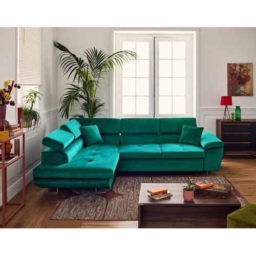 Canapé D'angle Gauche Convertible 5 Places En Velours Vert