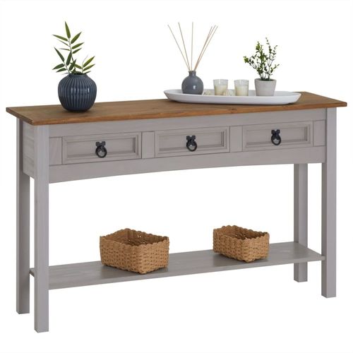 Table Console 3 Tiroirs En Bois Massif, Gris Et Naturel