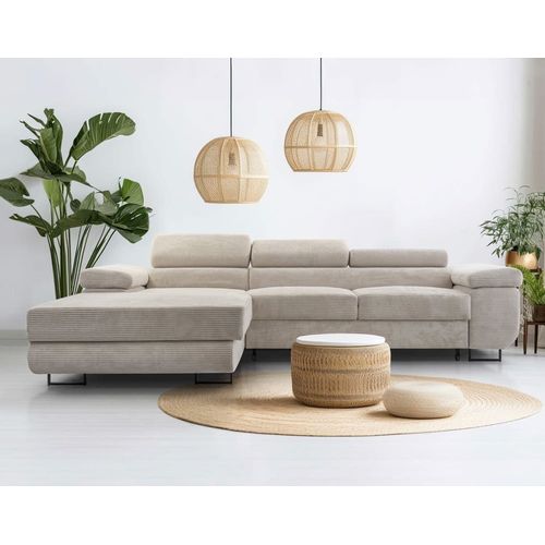 Canapé D'angle Gauche Convertible 6 Places En Velours Côtelé Beige
