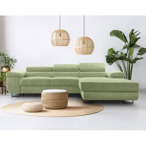 Canapé D'angle Droit Convertible 6 Places En Velours Côtelé Vert Sauge