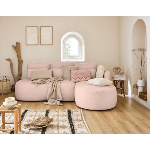 Canapé D'angle Droit Convertible 4 Places En Tissu Bouclette Rose