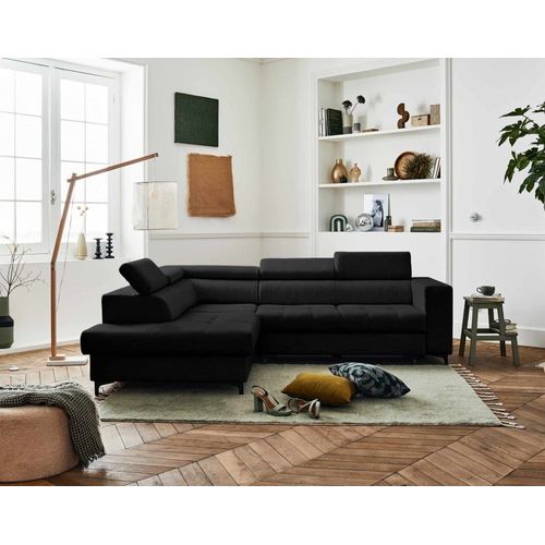 Canapé D'angle Gauche Convertible 5 Places En Tissu Noir