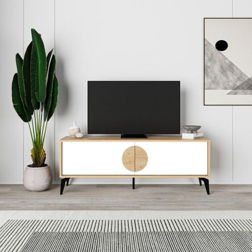Meuble Tv 2 Portes - L140 Cm - Effet Chêne Et Blanc