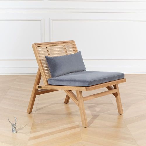 Fauteuil Scandinave En Chêne, Cannage Et Velours Gris Loup