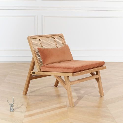 Fauteuil Scandinave En Chêne, Cannage Et Velours Caramel