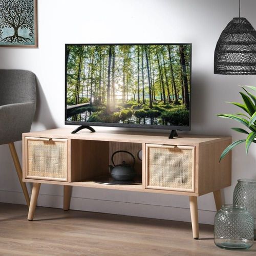 Meuble Tv 2 Tiroirs Façades Rotin - L100 Cm