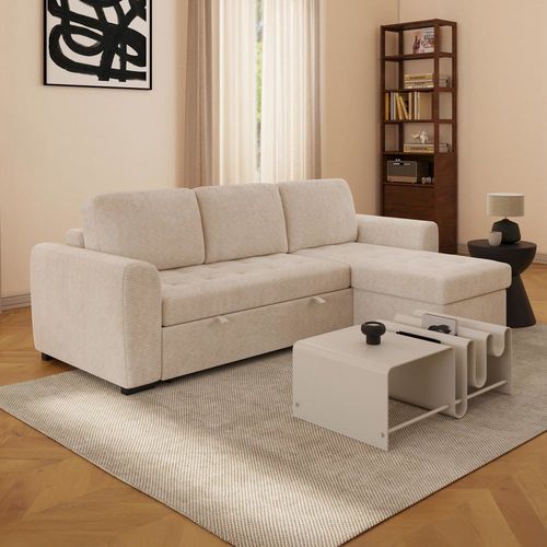 Canapé D'angle 5 Places En Velours Beige