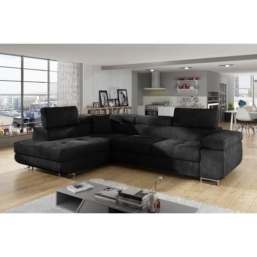 Canapé D'angle Gauche Convertible En Velours Noir 5 Places