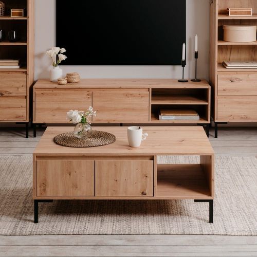 Table Basse 2 Portes 1 Niche Effet Bois - L100 X H43 Cm