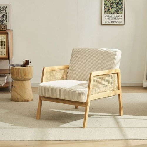 Fauteuil En Cannage Et Velours Côtelé Beige