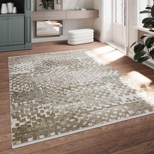 Tapis Salon Tissé Motif Géométrique Tons De Beige Et Gris 120x170