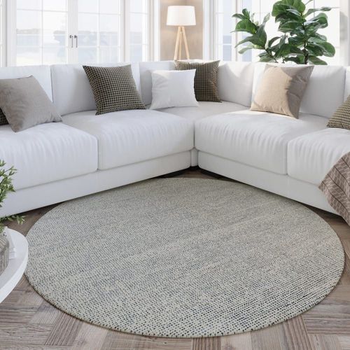 Tapis Rond Écru Et Bleu Tufté Main À Relief 180 Rd.