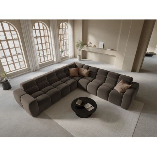 Canapé D'angle 5 Places En Tissu Velours Marron Clair