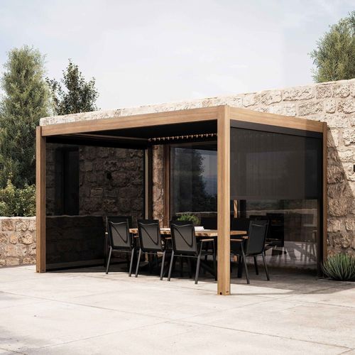 Pergola Bioclimatique Autoportée 3x4m Et 3 Stores Bois Gris