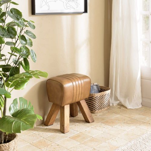 Tabouret Matelassé En Cuir Marron Pieds Inclinés En Manguier