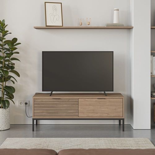Meuble Tv 2 Tiroirs Et Pieds En Métal - L120 Cm - Effet Bois Clair