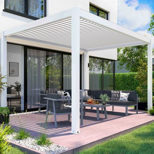 Pergola Bioclimatique Autoportée Motorisée Et Éclairée 3x4 M Blanc