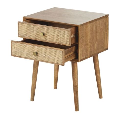 Table De Chevet Vintage 2 Tiroirs En Bois De Manguier Et Bambou
