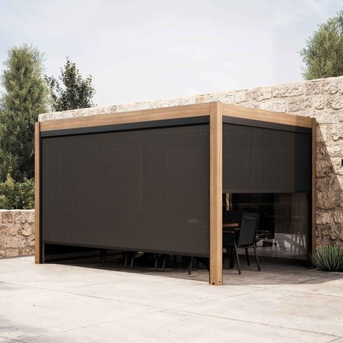 Pergola Bioclimatique Autoportée 3x4m Et 2 Stores Bois Gris