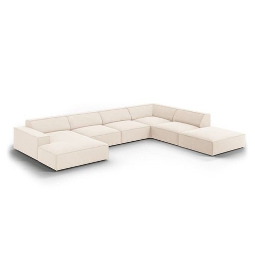 Canapé D'angle Droit Panoramique 7 Places En Tissu Velours Beige Clair