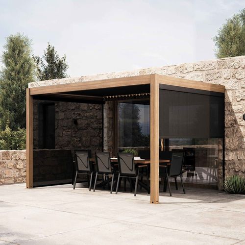 Pergola Bioclimatique Adossée 3x4m Et 3 Stores Bois Gris