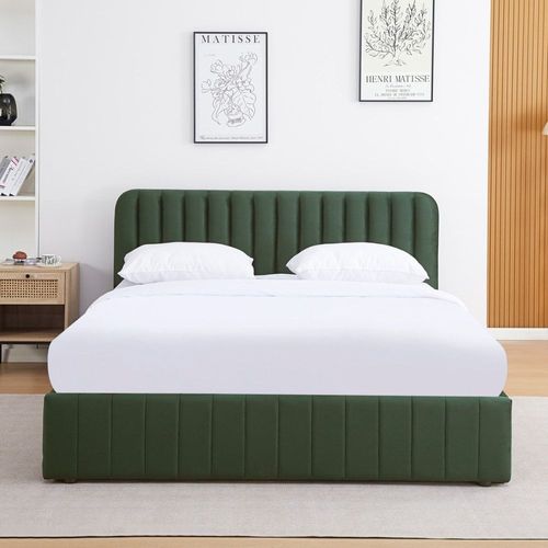 Lit Coffre 160x200 Cm Avec Tête De Lit En Velours Vert Kaki