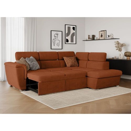 Canapé D'angle Droit Convertible En Velours Côtelé Terracotta