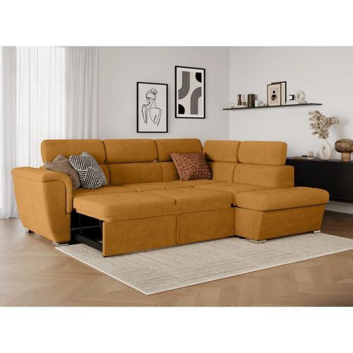 Canapé D'angle Droit Convertible Avec Coffre En Velours Côtelé Jaune